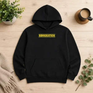 Pretty Remigration Design Hoodie in charcoal gray with front pocket and drawstring hood