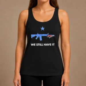 Premium Good We Still Have It Rifle And Swiss Army Knife One Blue Star Tank Top in blue, sleeveless casual wear with patriotic graphic