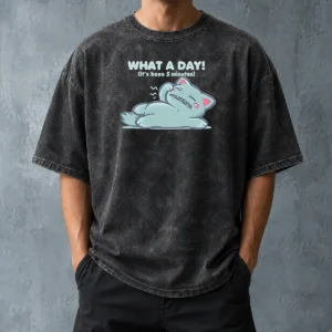 Pretty Exhausted Cartoon Cat Lying Down What A Day It'S Been 5 Minutes Washed T-Shirt