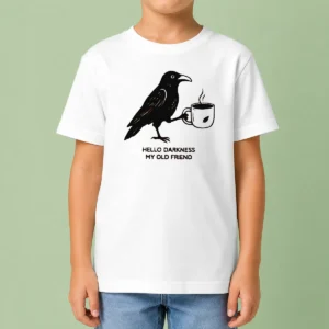 Official Crow Raven Drink Coffee Hello Darkness My Old Friend Kids T-Shirt