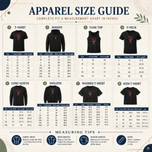 Size chart for Pretty Stiff Little Fingers Putting The Fast In Belfast 8 Custom House Square 2026 with measurements in inches and cm