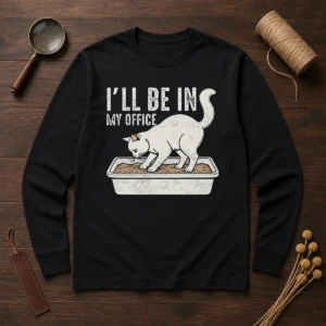 Good I Will Be In My Office Funny Cat Meme Litter Box Long Sleeve Shirt