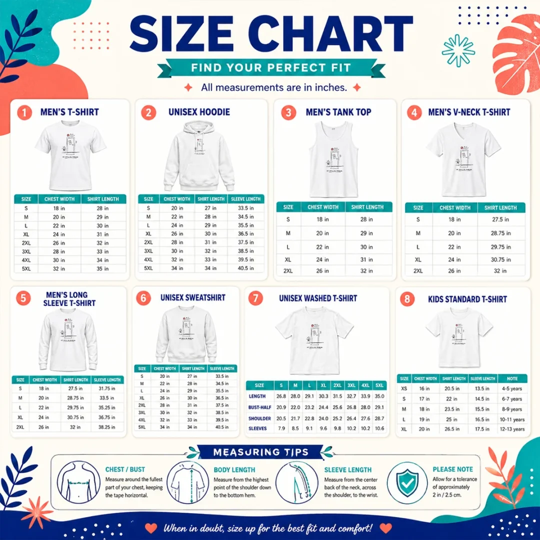 Funny Aus Post No Knock No Problem Size Chart Size chart for Funny Aus Post No Knock No Problem showing garment measurements in inches and cm
