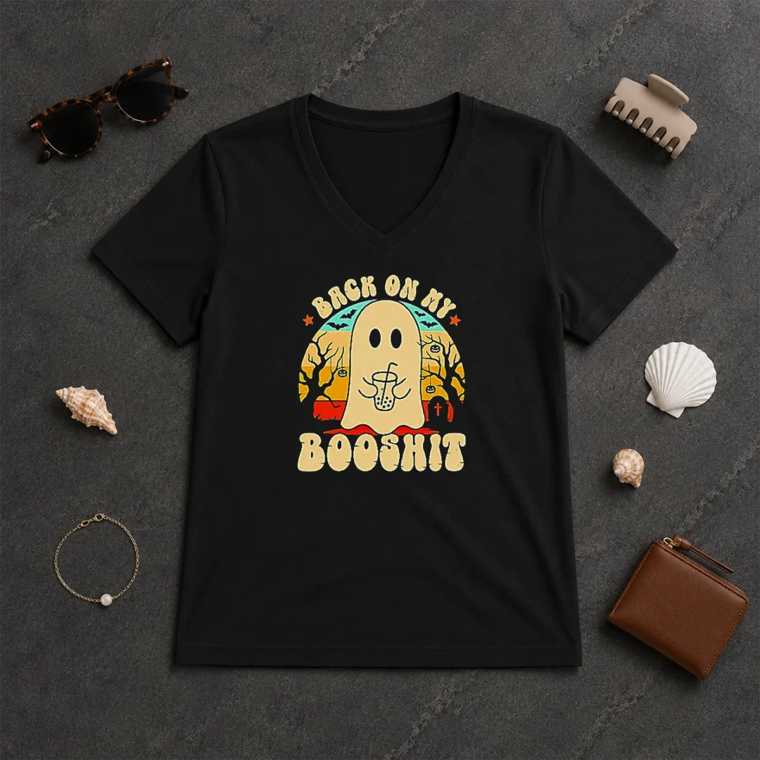 Funny Awesome Back On My Booshit Retro Ghost Drinking Boba Tea V Neck Shirt Funny Awesome Back On My Booshit Retro Ghost Drinking Boba Tea V Neck Shirt in white cotton fabric