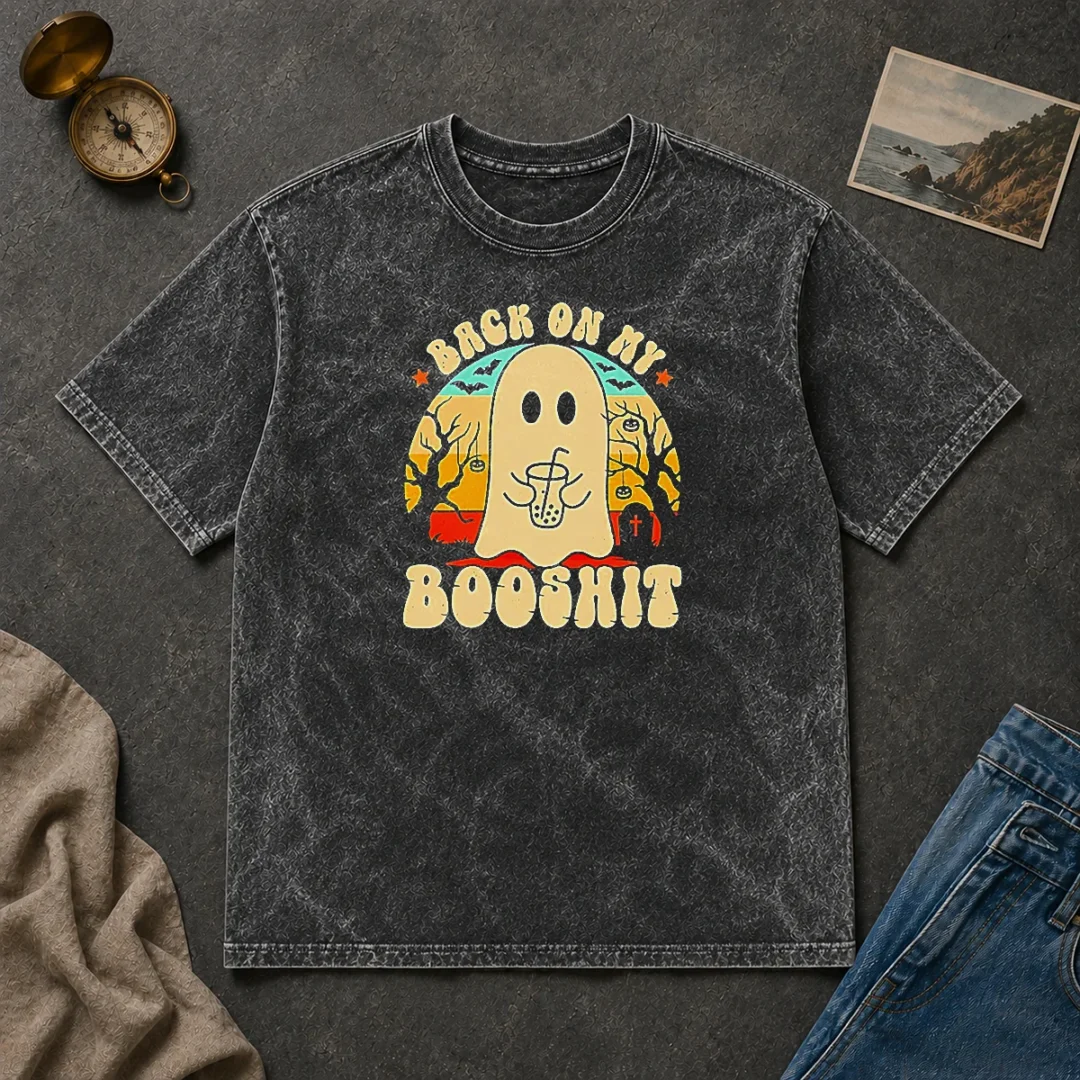 Funny Awesome Back On My Booshit Retro Ghost Drinking Boba Tea Washed T Shirt Funny Awesome Back On My Booshit Retro Ghost Drinking Boba Tea Washed T-Shirt