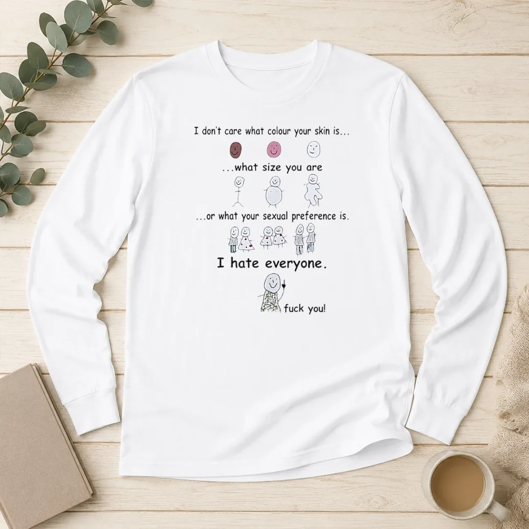 funny-awesome-i-hate-everyone-stick-figure-long-sleeve-shirt Funny Awesome I Hate Everyone Stick Figure long sleeve shirt in white with bold black graphic design