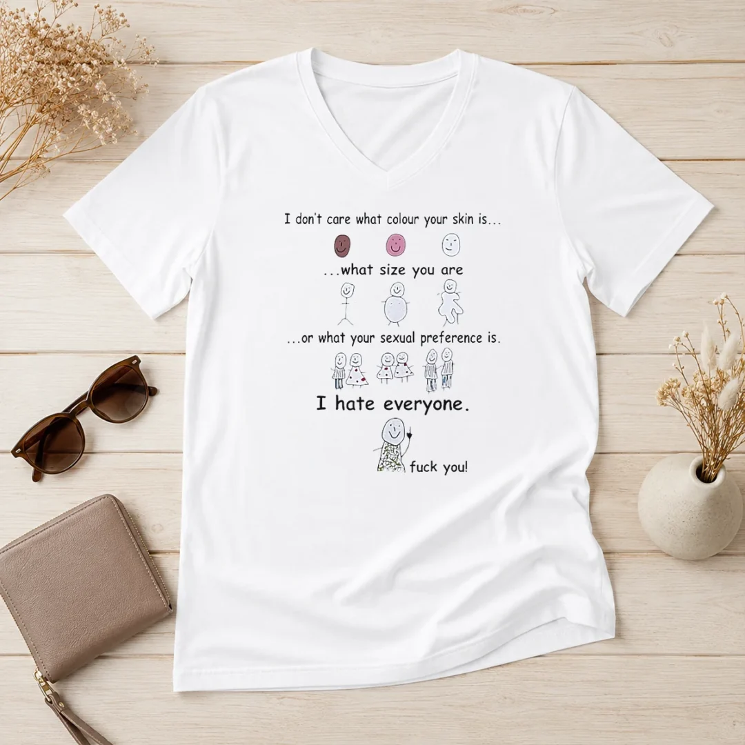 funny-awesome-i-hate-everyone-stick-figure-v-neck-shirt Funny Awesome I Hate Everyone Stick Figure V Neck Shirt in black with white stick figure graphic and text