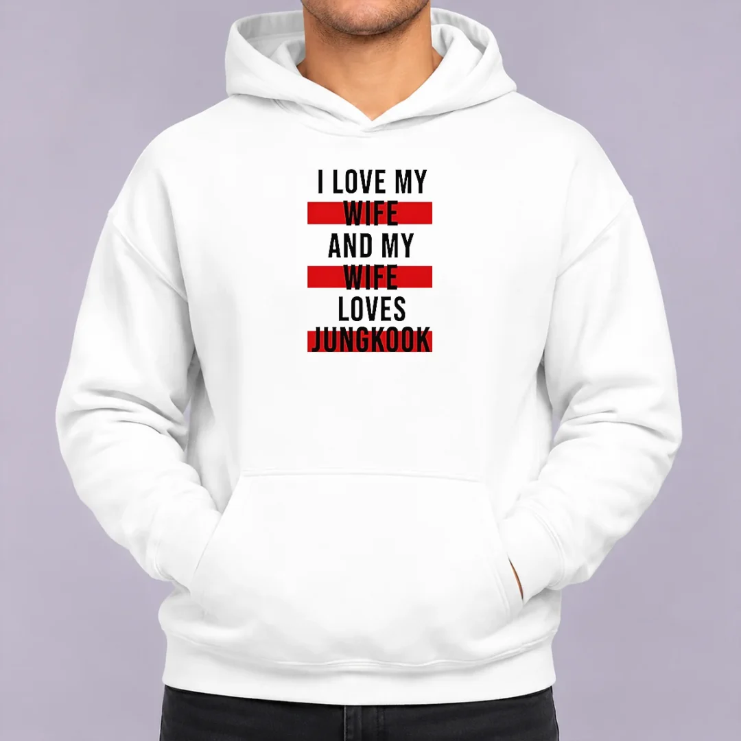 funny-awesome-i-love-my-wife-and-my-wife-loves-jungkook-hoodie Funny Awesome I Love My Wife And My Wife Loves Jungkook Hoodie in black with front print design