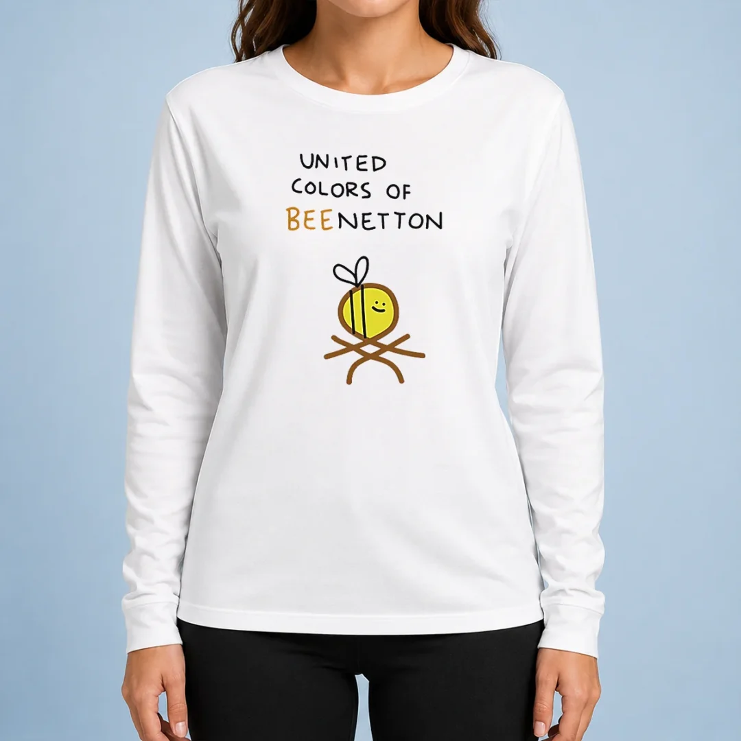 funny-awesome-united-colors-of-bee-netton-bee-logo-long-sleeve Funny Awesome United Colors Of Bee Netton Bee Logo long sleeve shirt in black with colorful bee graphic
