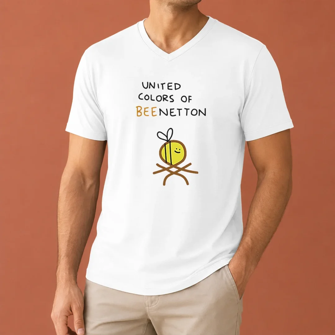 funny-awesome-united-colors-of-bee-netton-bee-logo-v-neck-shirt Funny Awesome United Colors Of Bee Netton Bee Logo V Neck Shirt in black with colorful bee logo on front