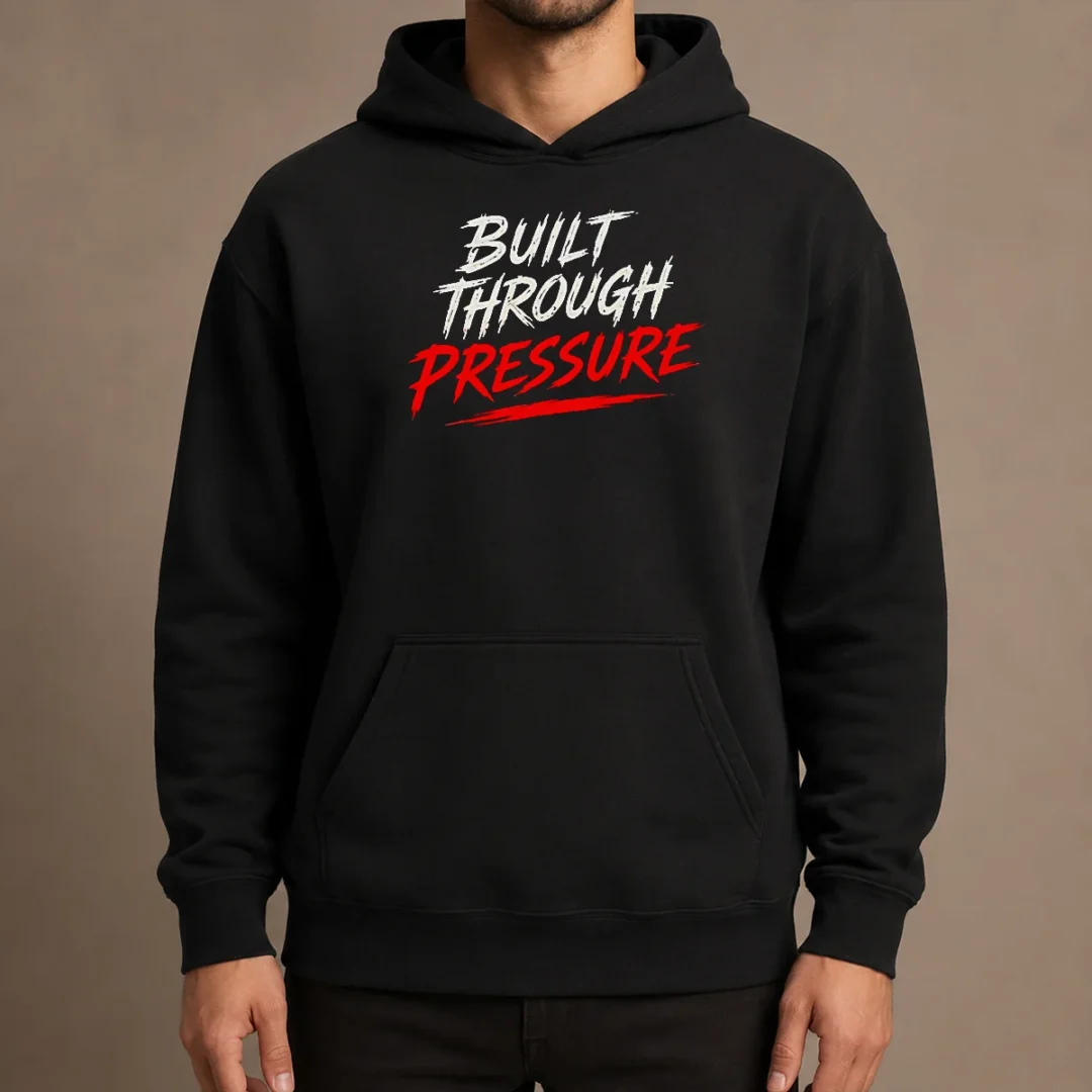 funny-built-through-pressure-hoodie Funny Built Through Pressure Hoodie in charcoal gray, featuring bold white text on front, displayed on a mannequin