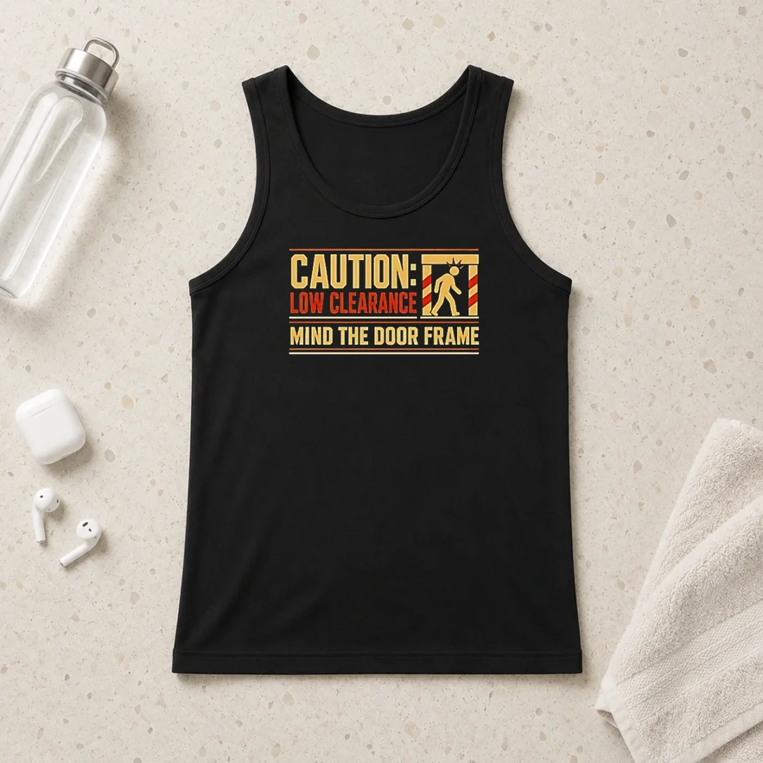 funny-caution-low-clearance-mind-the-door-frame-tank-top-1 Funny Caution Low Clearance Mind The Door Frame Tank Top
