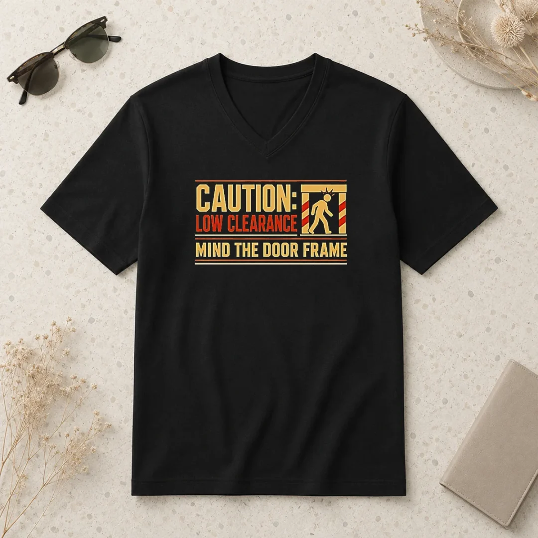 funny-caution-low-clearance-mind-the-door-frame-v-neck-shirt-1 Funny Caution Low Clearance Mind The Door Frame V Neck Shirt in black, front view with clear text design