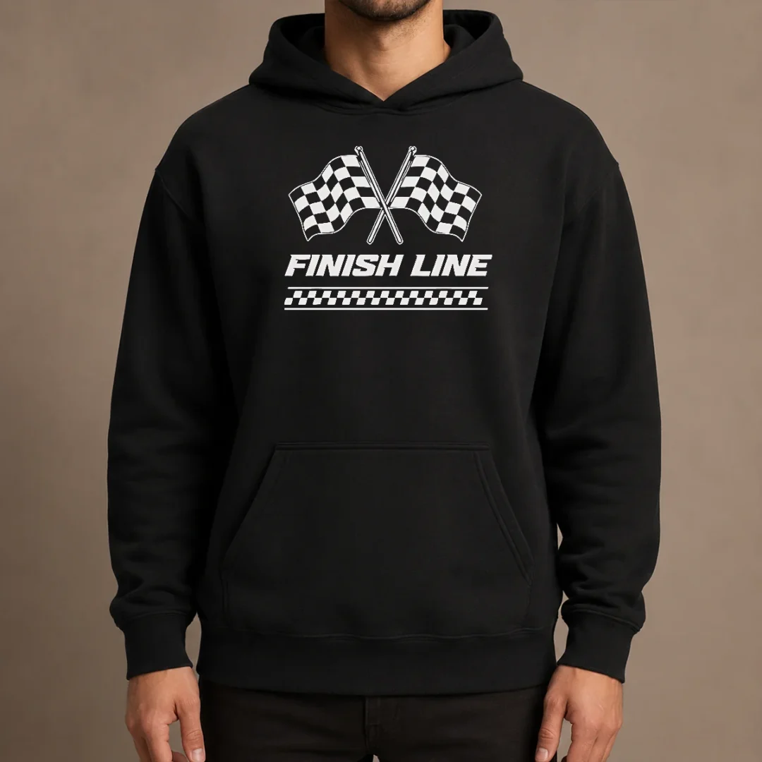 funny-crossed-checkered-racing-flags-crossing-above-bold-finish-line-banner-hoodie Funny Crossed Checkered Racing Flags Crossing Above Bold Finish Line Banner Hoodie in black cotton fabric with front pocket and drawstring hood