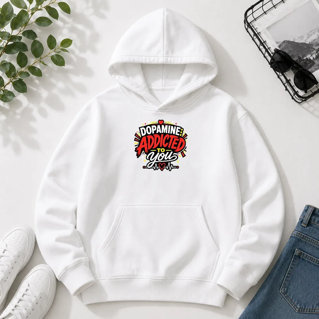 funny-dopamine-addicted-to-you-bold-typography-hoodie-2 Funny Dopamine Addicted To You Bold Typography printed on a comfortable black hoodie with front pocket and drawstring hood