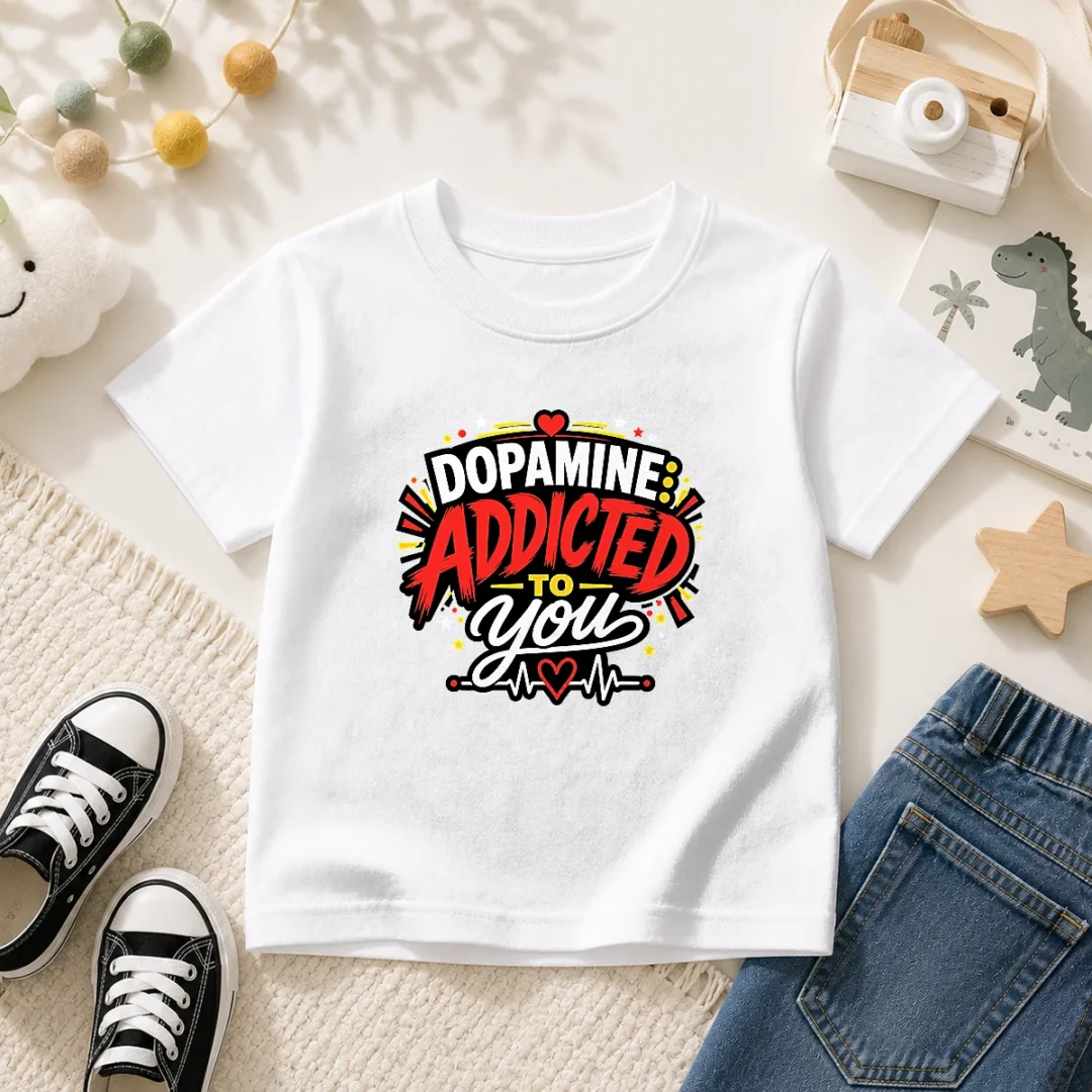 funny-dopamine-addicted-to-you-bold-typography-kids-t-shirt-kid-t-shirt-1 Funny Dopamine Addicted To You Bold Typography Kids T Shirt featuring playful text on a comfortable short-sleeve cotton tee