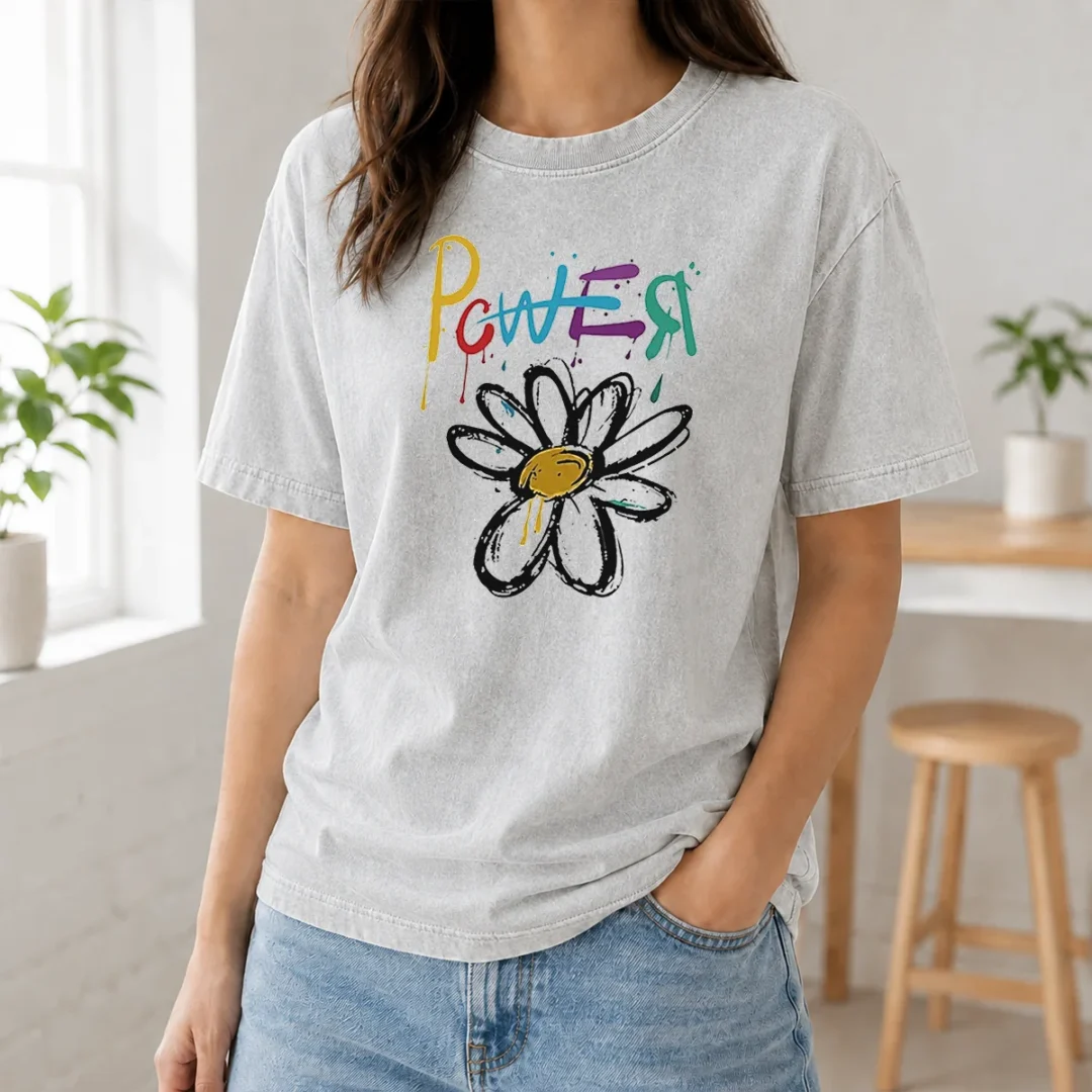 Funny Dragon Power World Tour Flower Handraw Washed T Shirt Funny Dragon Power World Tour Flower Handraw design on a soft washed t shirt in light gray