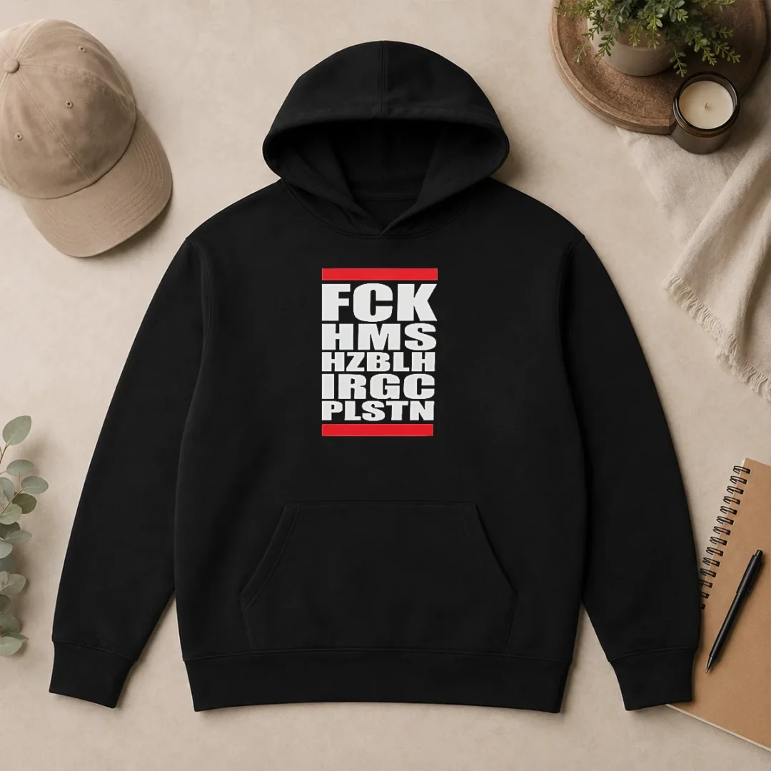 Funny FCK HMS HZBLH IRGC PLSTN Acronym Hoodie Funny FCK HMS HZBLH IRGC PLSTN Acronym Hoodie in black, front view with bold white text print