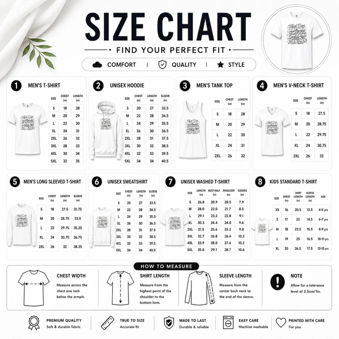 funny-first-day-teacher-humor-sketch-size-chart Size chart for Funny First Day Teacher Humor Sketch with measurements in inches and cm