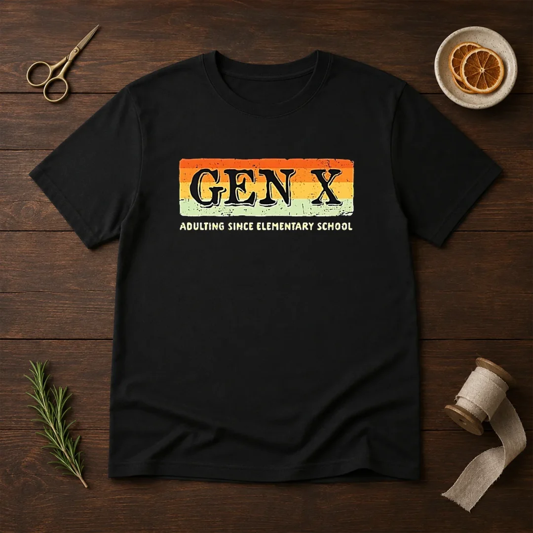 funny-gen-x-adulting-since-elementary-school-t-shirt Funny Gen X Adulting Since Elementary School t shirt in classic fit, white color, front view
