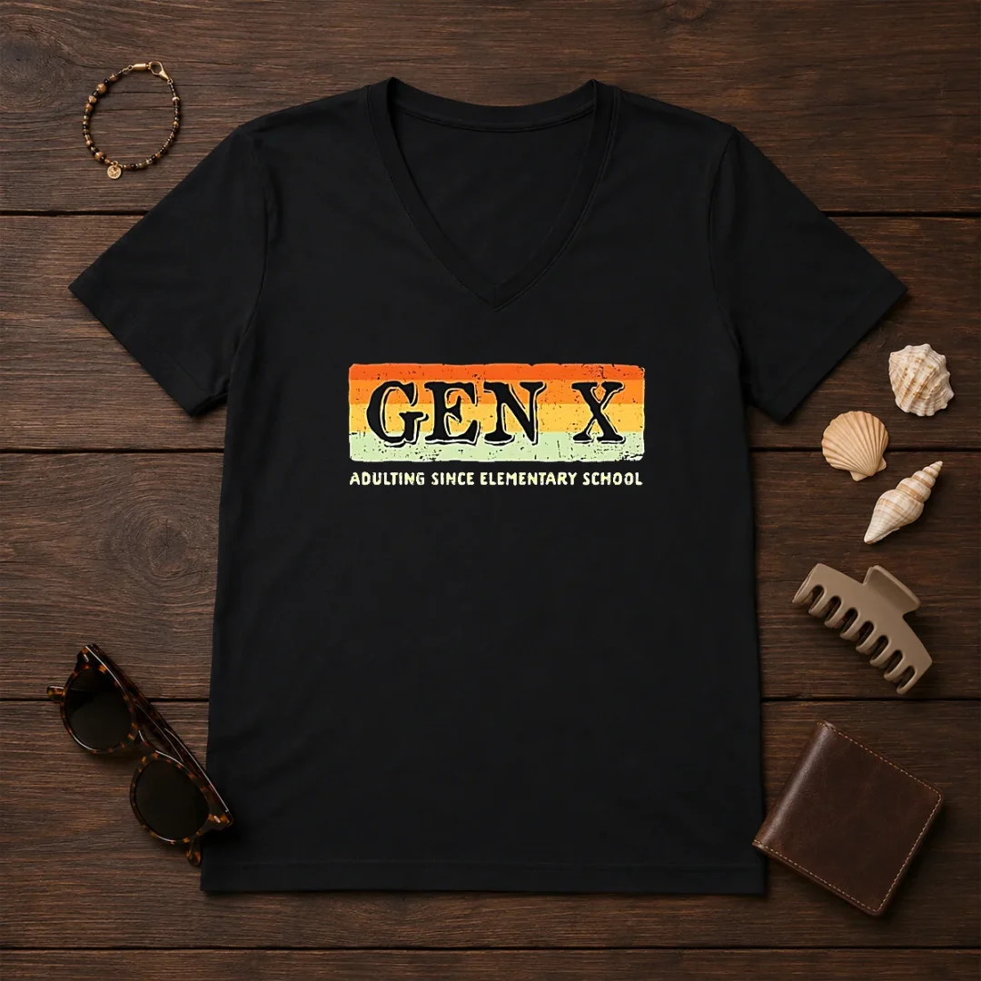 funny-gen-x-adulting-since-elementary-school-v-neck-shirt Funny Gen X Adulting Since Elementary School V-Neck Shirt