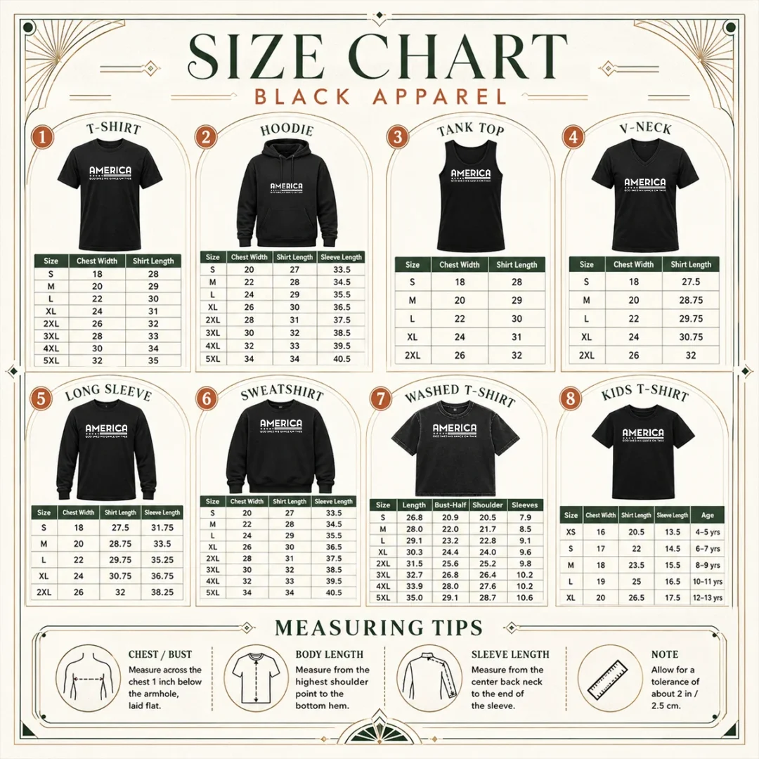 funny-god-shed-his-grace-on-thee-size-chart Size chart for Funny God Shed His Grace On Thee shirt with measurements in inches and centimeters