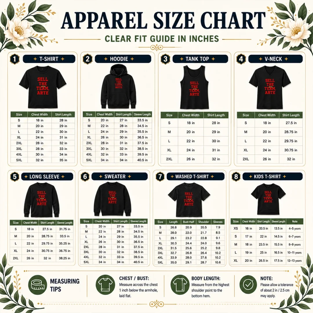 funny-good-sell-the-team-arte-size-chart Size chart for Funny Good Sell The Team Arte with measurements in inches and cm