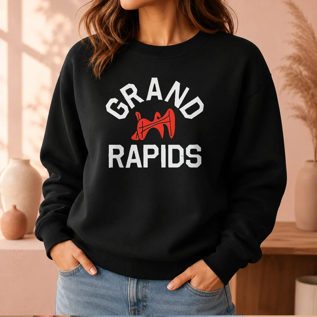 funny-grand-rapids-michigan-city-logo-sweater Funny Grand Rapids Michigan City Logo Sweater in charcoal gray with bold city graphic on front