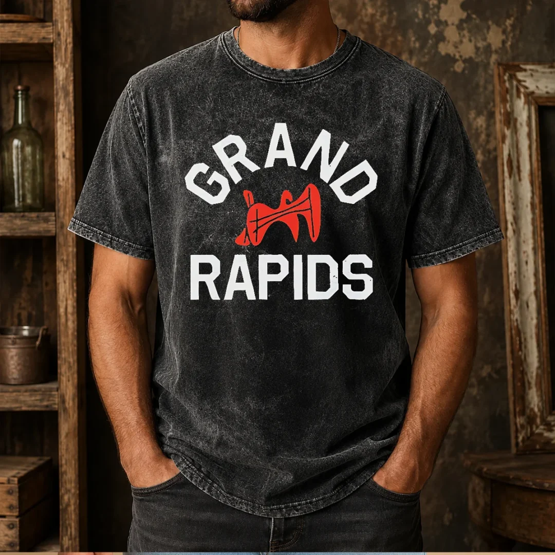 funny-grand-rapids-michigan-city-logo-washed-t-shirt Funny Grand Rapids Michigan City Logo washed t shirt in soft faded fabric with city emblem on front