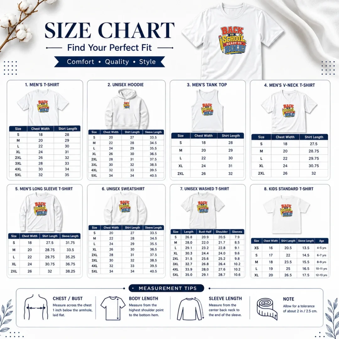 funny-hot-back-to-school-ready-to-rule-retro-distressed-size-chart Size chart for Funny Hot Back To School Ready To Rule Retro Distressed with measurements in inches and cm