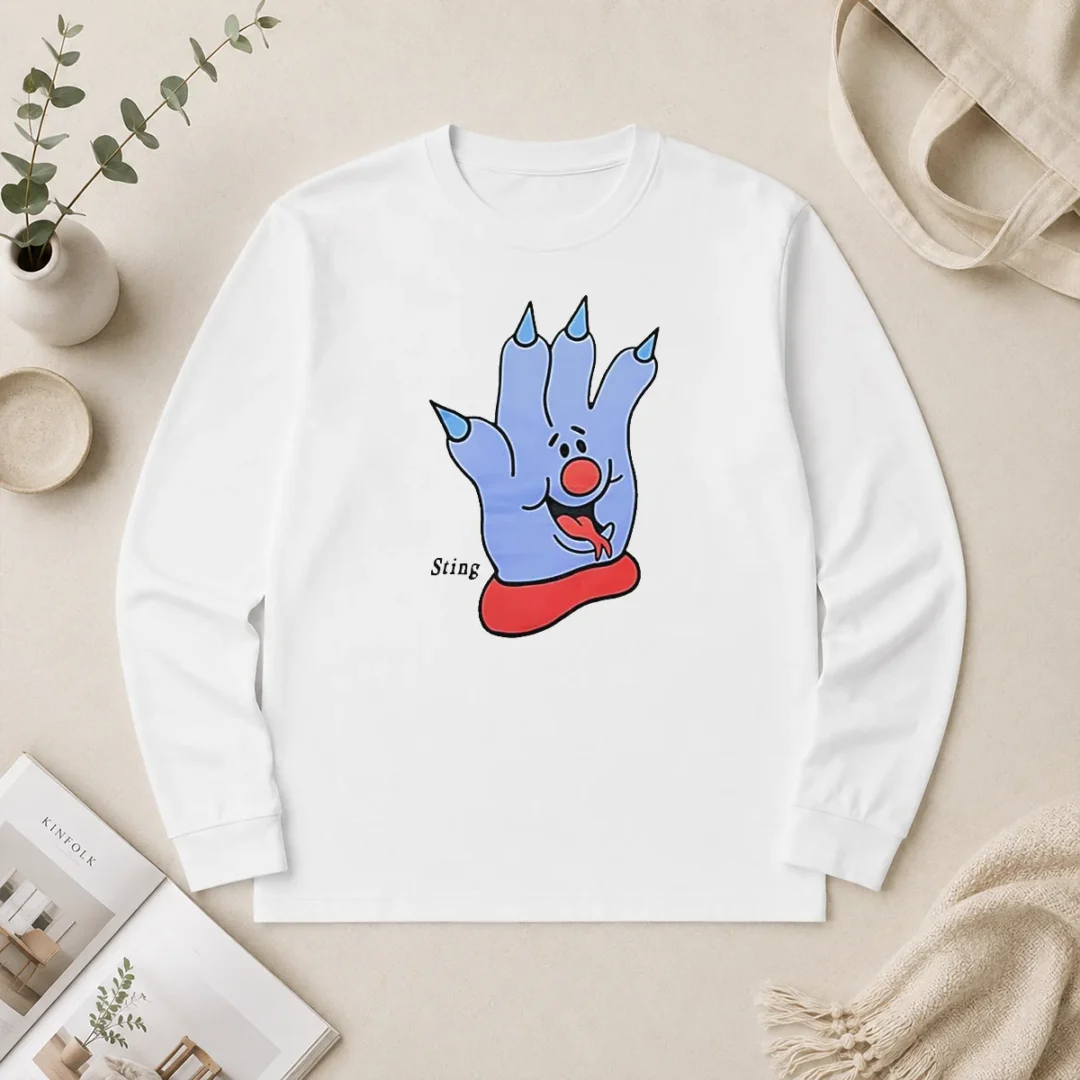 Funny Hot Sting Blue Cartoon Hand Character Mascot Long Sleeve Shirt Funny Hot Sting Blue Cartoon Hand Character Mascot Long Sleeve Shirt