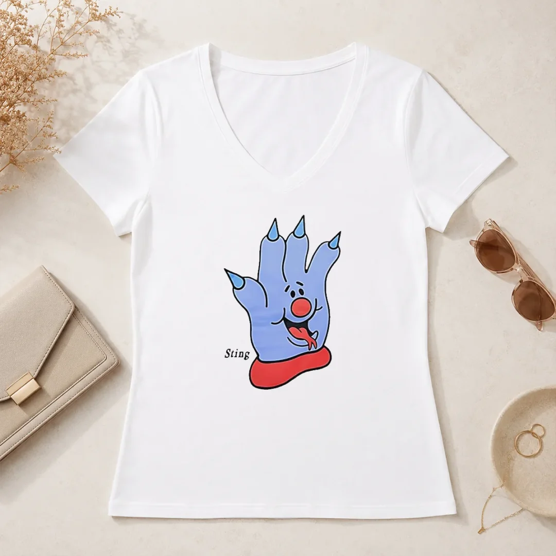 Funny Hot Sting Blue Cartoon Hand Character Mascot V Neck Shirt Funny Hot Sting Blue Cartoon Hand Character Mascot V-Neck Shirt