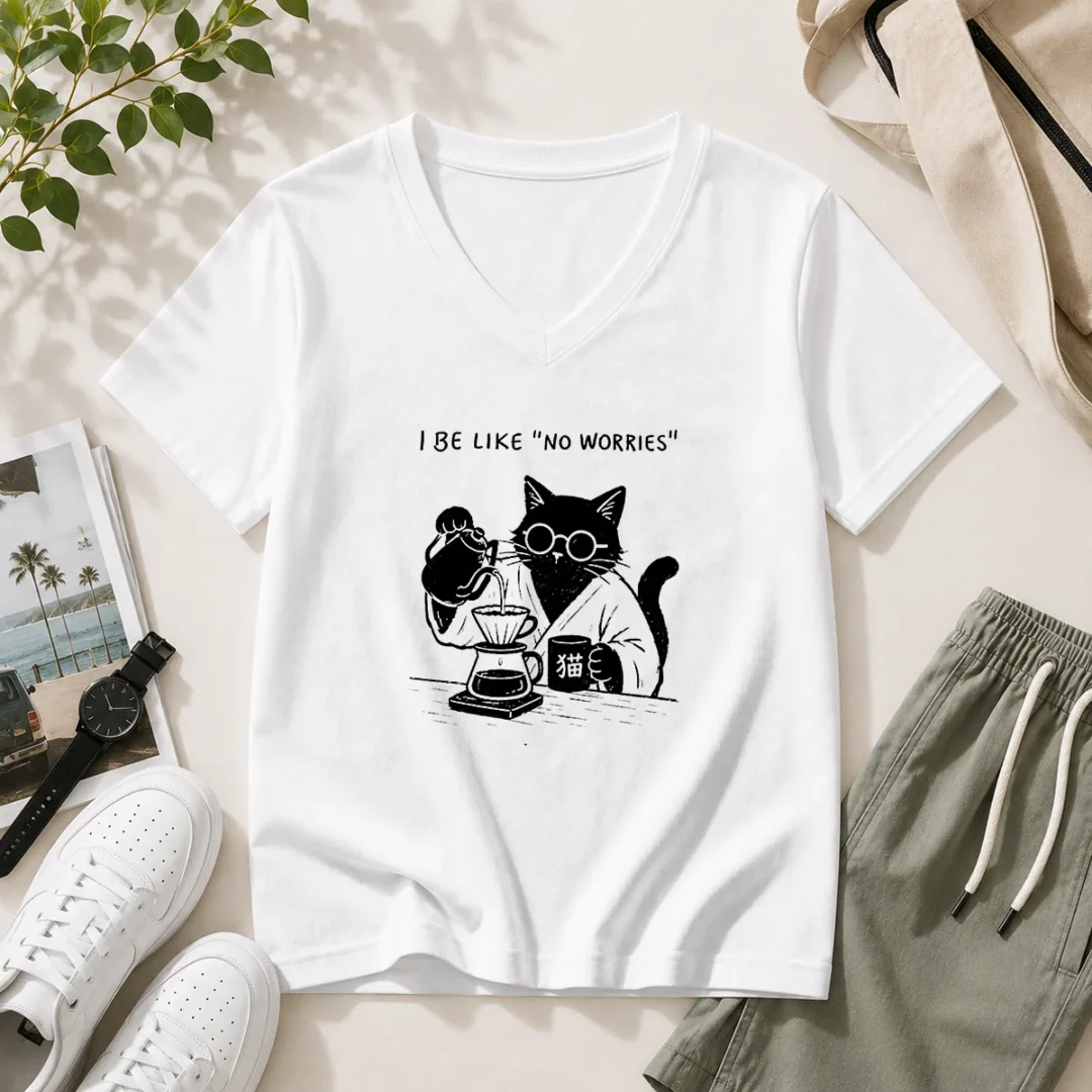 funny-i-be-like-no-worries-then-worries-black-cat-coffee-lover-v-neck-shirt Funny I Be Like No Worries Then Worries Black Cat Coffee Lover V-Neck Shirt