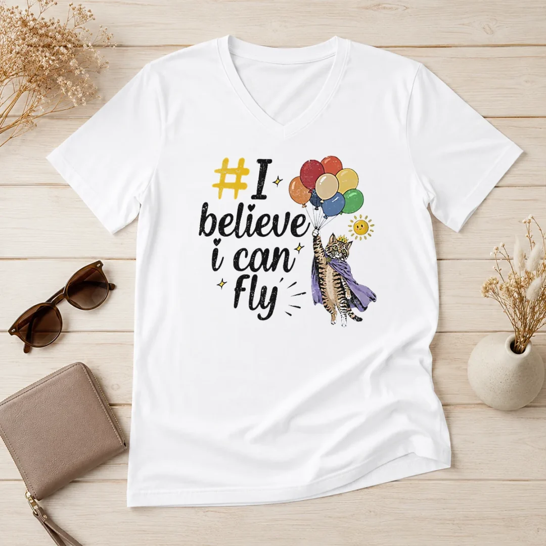 funny-i-believe-i-can-fly-cat-balloons-v-neck-shirt Funny I Believe I Can Fly Cat Balloons V-Neck Shirt