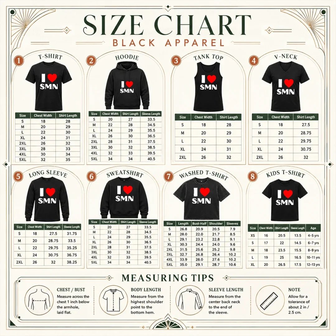 funny-i-love-smn-size-chart Funny I Love SMN size chart showing garment measurements in inches and centimeters