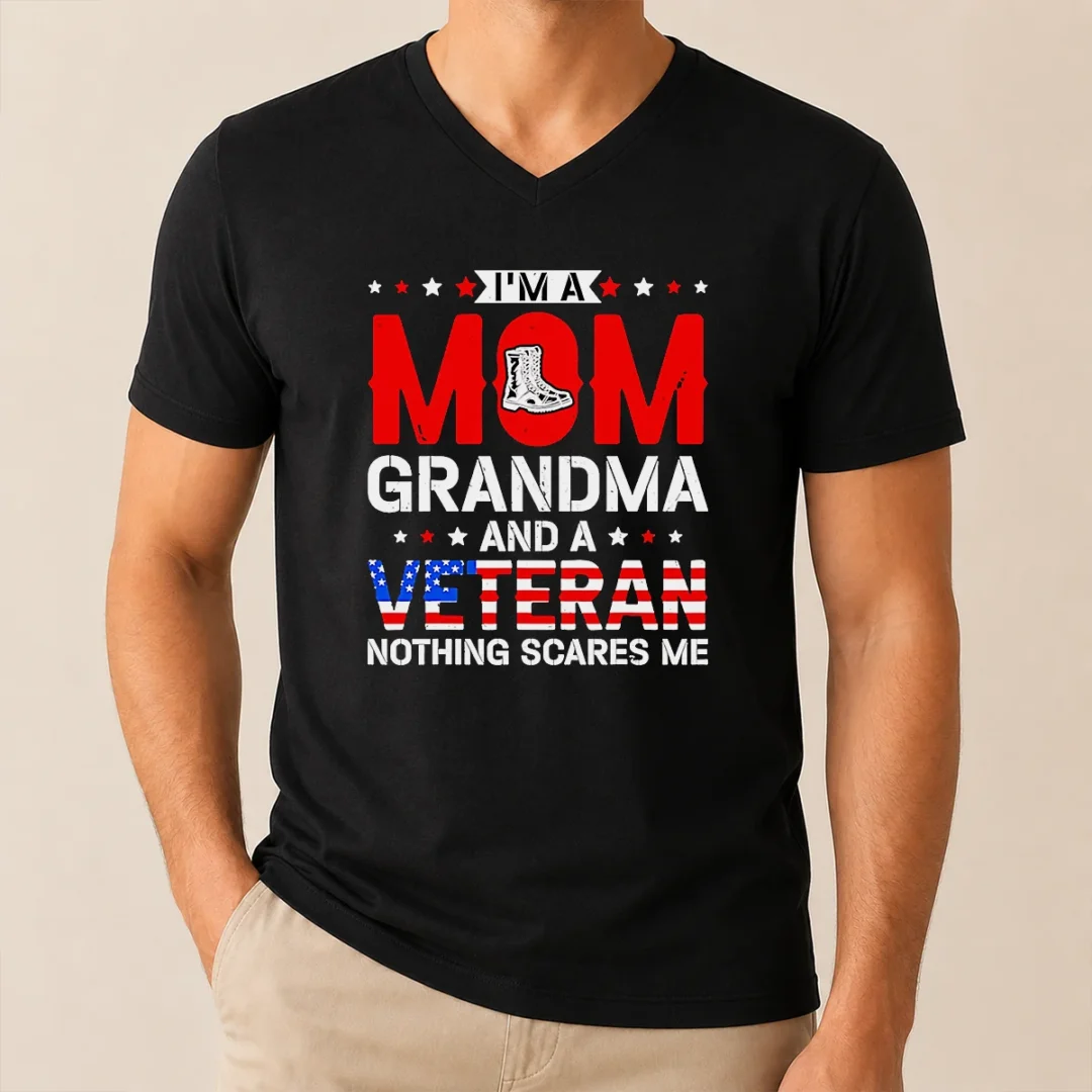 Funny I'M A Mom Grandma And A Veteran Nothing Scares Me USA V Neck Shirt Funny I'M A Mom Grandma And A Veteran Nothing Scares Me USA V Neck Shirt in dark heather gray, women's fitted v neck tee