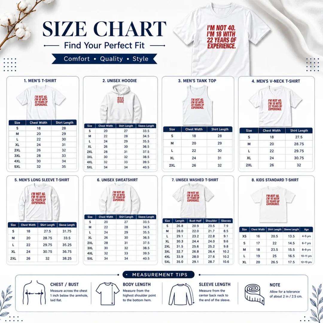 funny-im-not-40-im-18-with-22-years-experience-size-chart Size chart for Funny Im Not 40 Im 18 With 22 Years Experience shirt with measurements in inches and cm