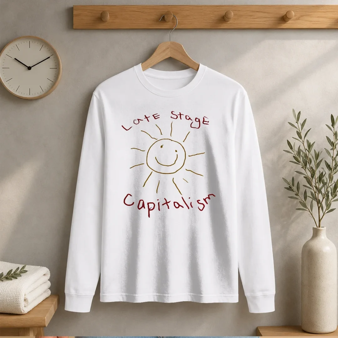 funny-late-stage-capitalism-smiley-face-political-satire-long-sleeve-shirt Funny Late Stage Capitalism Smiley Face Political Satire long sleeve shirt in black with bold graphic print