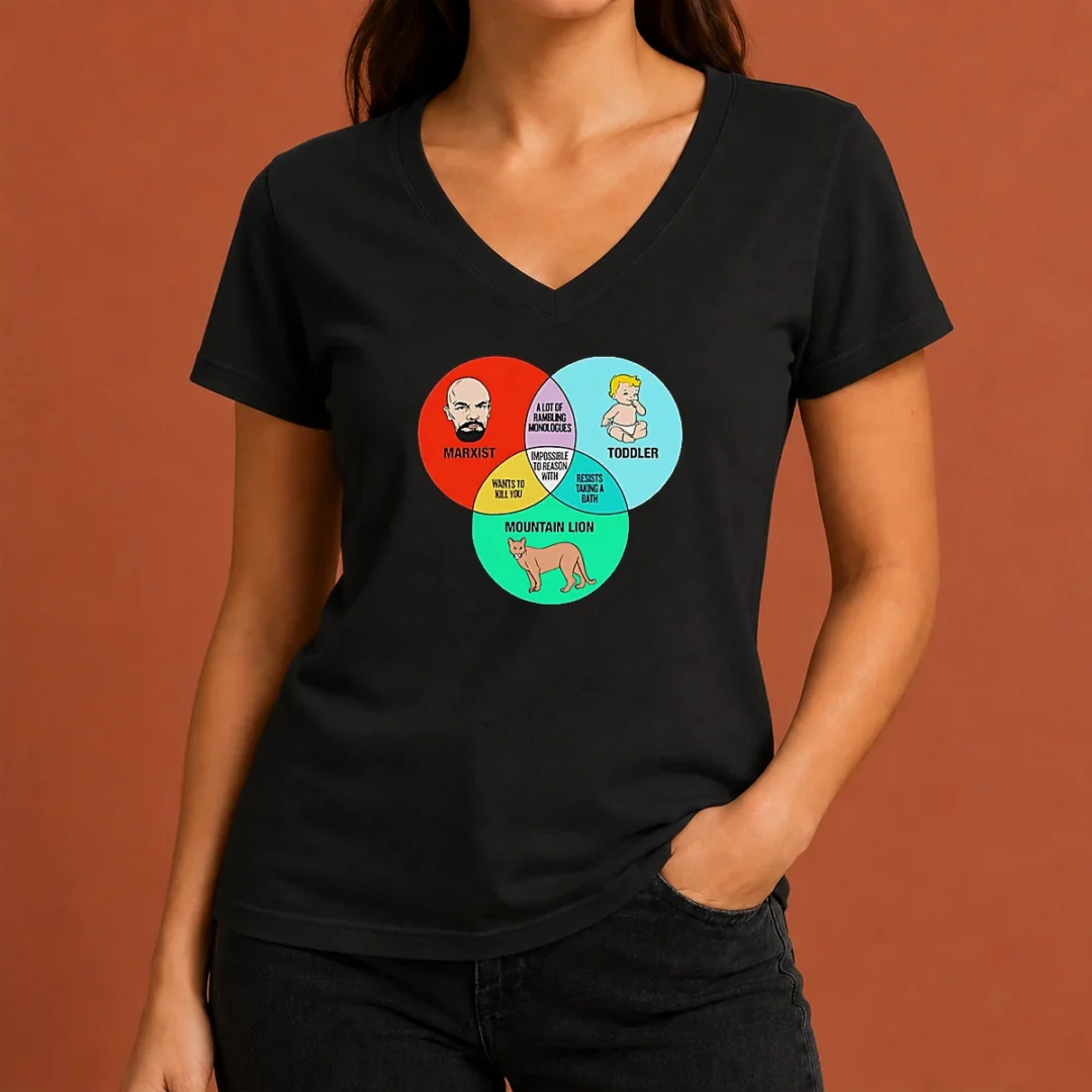 funny-marxist-toddler-and-mountain-lion-venn-diagram-impossible-to-reason-with-v-neck-shirt Funny Marxist Toddler And Mountain Lion Venn Diagram Impossible To Reason With V Neck Shirt in heather gray, soft fabric with clear graphic print