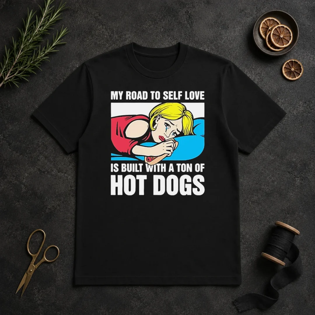 Funny My Road To Self Love Is Built With A Ton Of Hot Dogs T Shirt Funny My Road To Self Love Is Built With A Ton Of Hot Dogs t shirt featuring bold text on a classic crew neck cotton tee