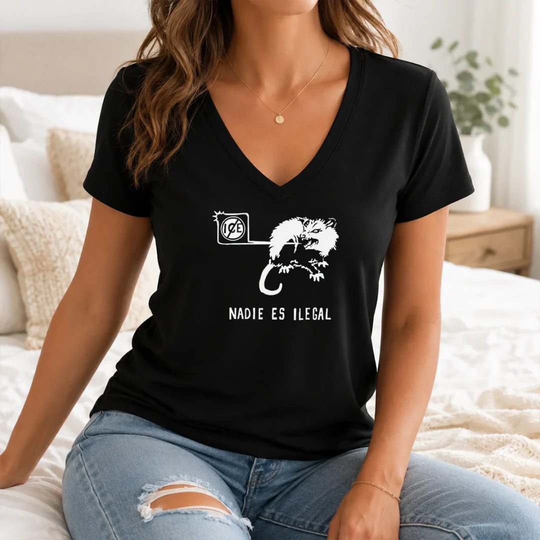 Funny Nadie Es Ilegal Angry Possum ICE Sign Parody V Neck Shirt Funny Nadie Es Ilegal Angry Possum ICE Sign Parody V Neck Shirt in charcoal gray on a soft cotton blend fabric