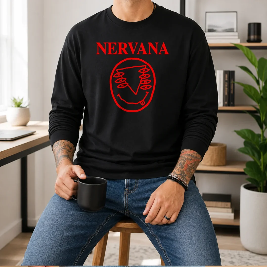 funny-nervana-eyes-and-smiley-face-red-long-sleeve Funny Nervana Eyes And Smiley Face Red Long Sleeve Shirt featuring vibrant graphic print on comfortable cotton fabric