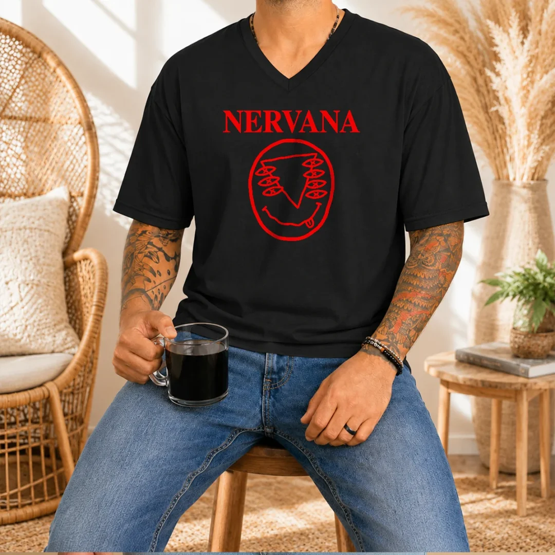 funny-nervana-eyes-and-smiley-face-red-v-neck-shirt Funny Nervana Eyes And Smiley Face Red V-Neck Shirt