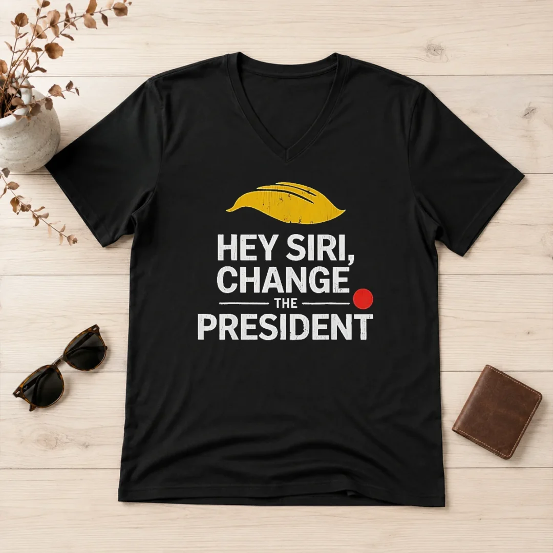 funny-nice-hey-siri-change-the-president-us-v-neck-shirt-1 Funny Nice Hey Siri Change The President US V Neck Shirt in charcoal grey showing front print design