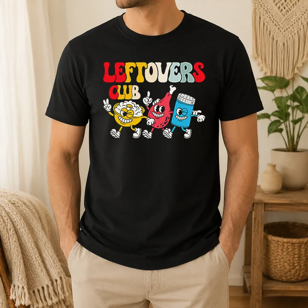 Funny Nice Leftovers Club Fun Foodie T Shirt Funny Nice Leftovers Club Fun Foodie t shirt in classic fit with colorful graphic print on front