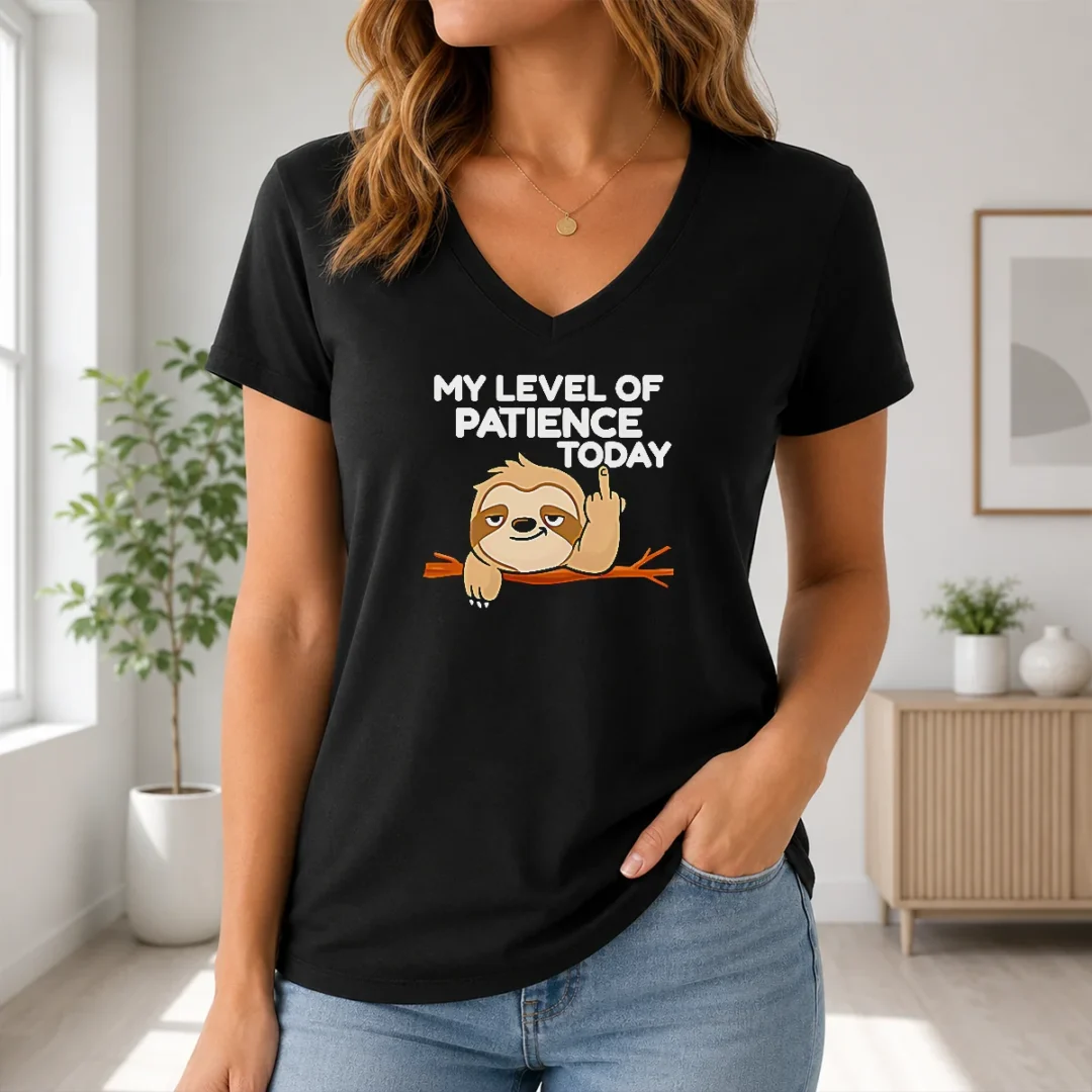 Funny Nice Sloth Middle Finger My Level Of Patience Today Cartoon V Neck Shirt Funny Nice Sloth Middle Finger My Level Of Patience Today Cartoon V-Neck Shirt