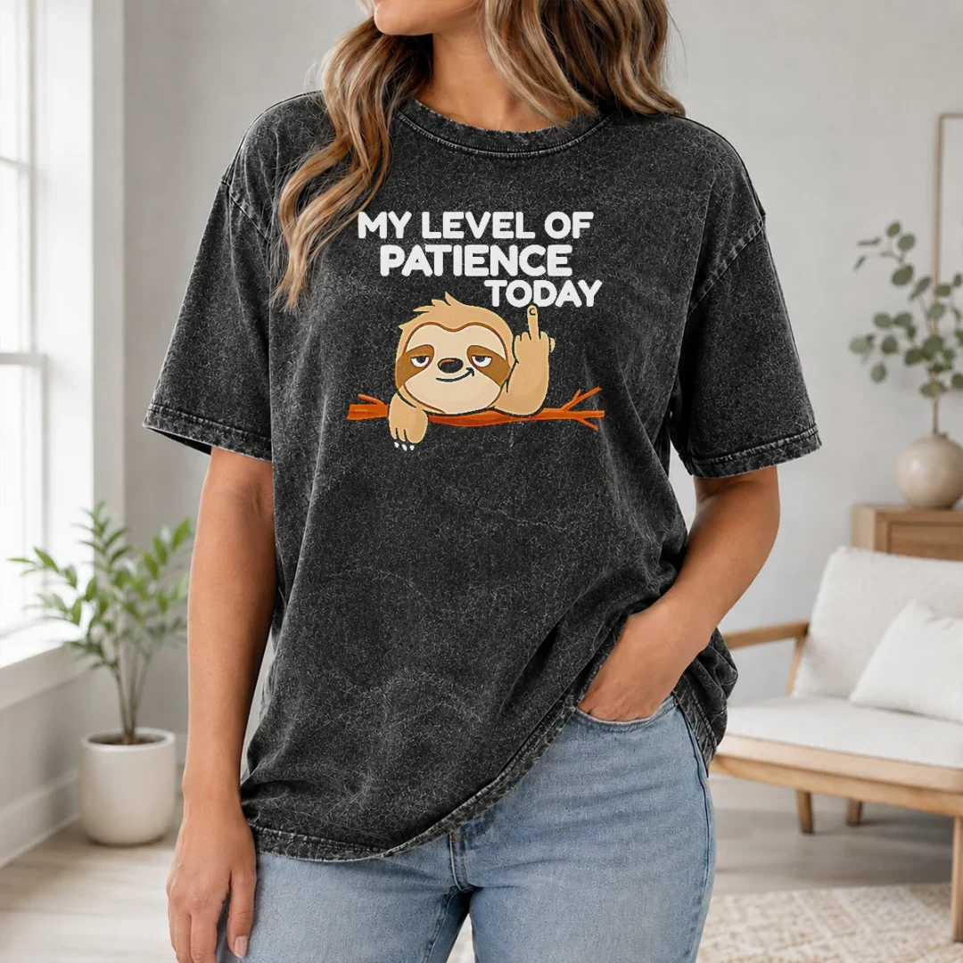 Funny Nice Sloth Middle Finger My Level Of Patience Today Cartoon Washed T Shirt Funny Nice Sloth Middle Finger My Level Of Patience Today Cartoon Washed T Shirt in soft, vintage-style fabric