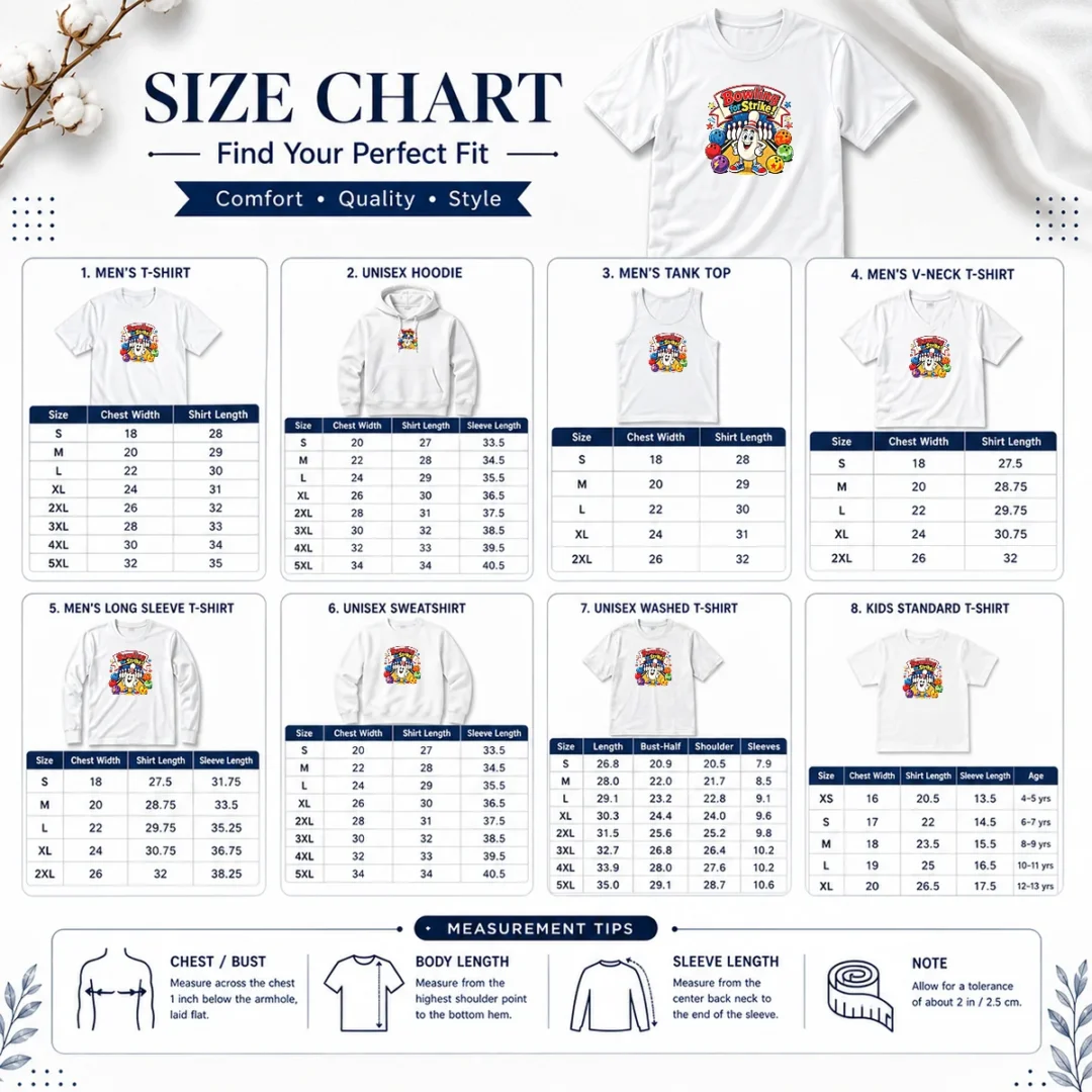 funny-official-bowling-for-strike-cartoon-size-chart Size chart for Funny Official Bowling For Strike Cartoon with measurements in inches and cm