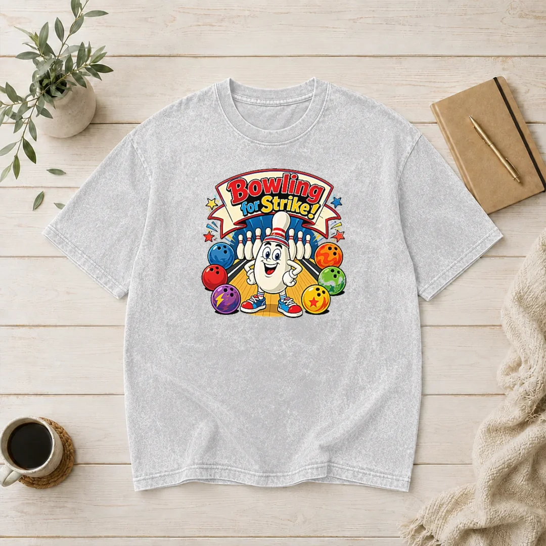 funny-official-bowling-for-strike-cartoon-washed-t-shirt Funny Official Bowling For Strike Cartoon Washed T Shirt featuring a playful bowling graphic on soft, worn fabric