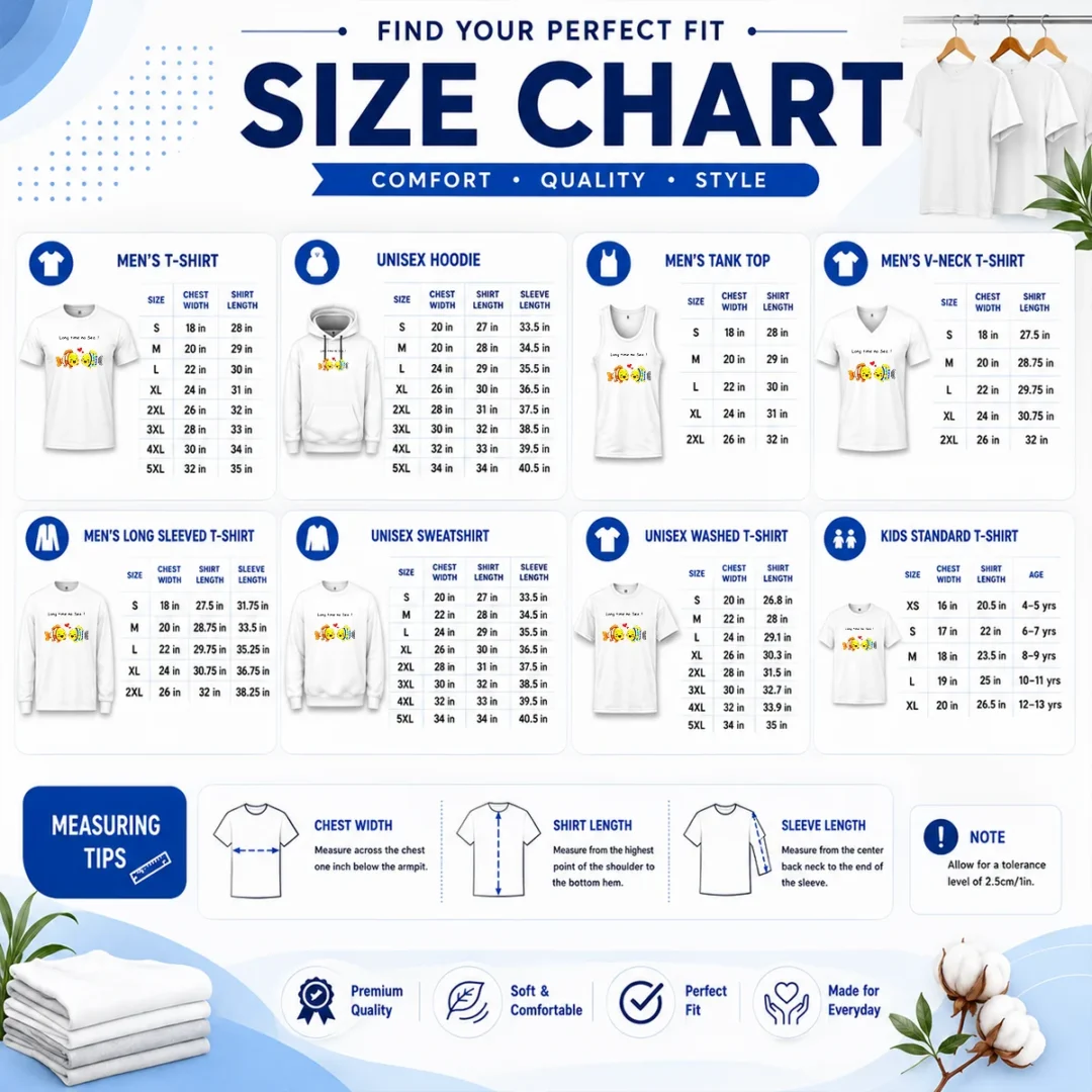 funny-official-cute-fish-couple-long-time-no-sea-pun-cartoon-illustration-animal-size-chart Size chart for Funny Official Cute Fish Couple Long Time No Sea Pun Cartoon Illustration Animal with measurements in inches and cm